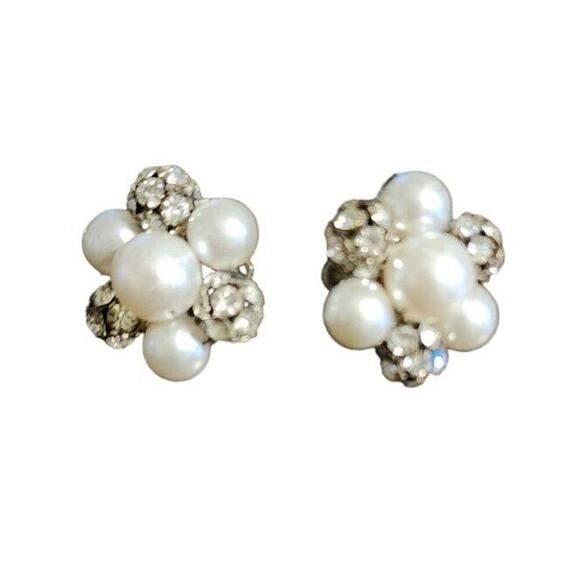 Vintage Beads And Rhinestone Silver Clip On Earrings - Picture 1 of 3